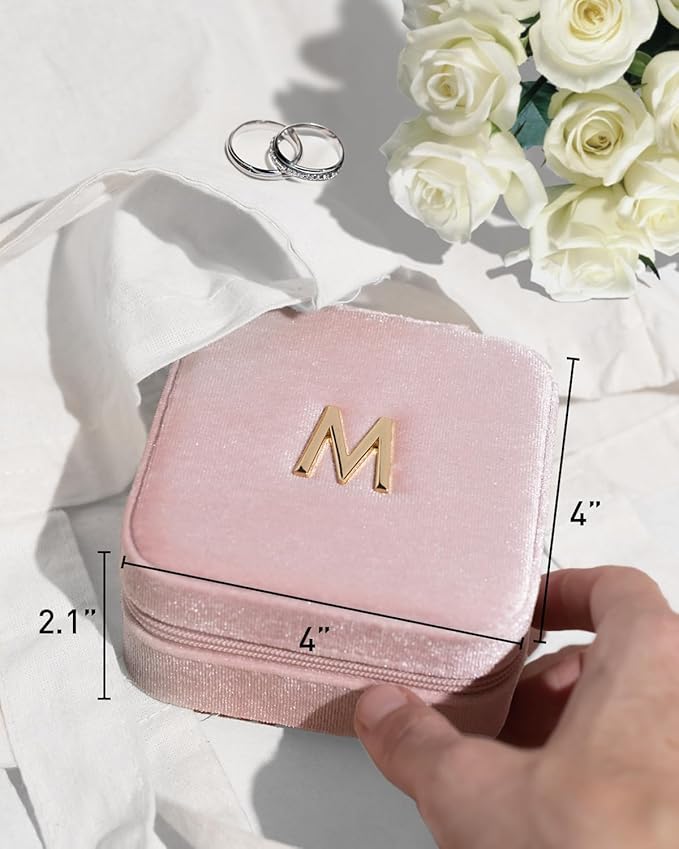 Vlando Birthday Gifts for Women Friendship, Personalized Initial Jewelry Box, Friendship Gifts for Women Friends, Travel Essentials Small Jewelry Box, Travel Box for Girls - Letter J, Pink