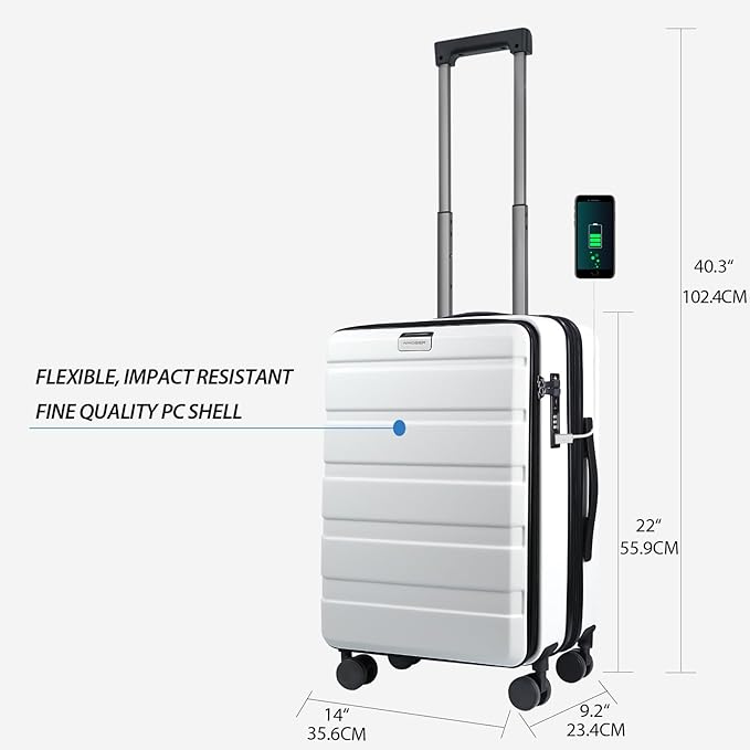 KROSER Carry On Luggage with Spinner Wheels & Built-in TSA Lock, Expandable Top Loading Hard Shell Suitcase Large Capacity Durable Rolling Luggage with USB Port, Carry-On 20-Inch, White