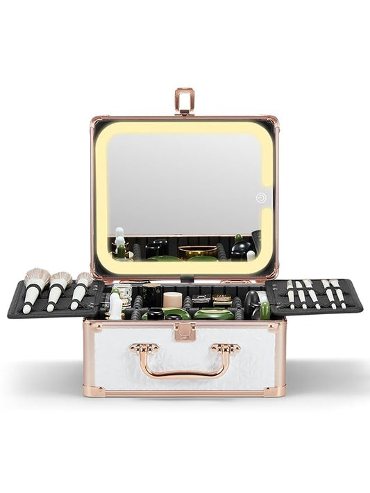 Qislee Makeup Box with A Detachable Lighted Mirror, Waterproof Travel Train Case, Cosmetic Organizer and Makeup Suitcase with Adjustable Dividers, Magnetic LED Mirror(Bright White)