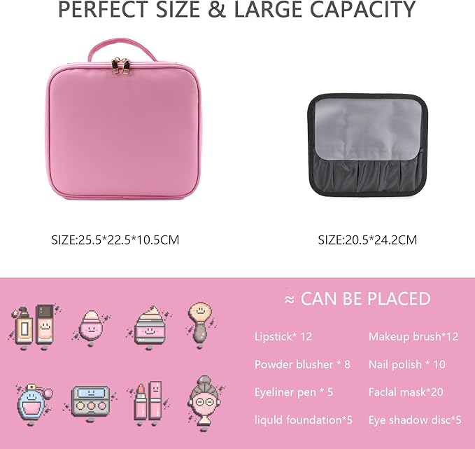 Makeup Bag with Led Mirror,Travel Makeup Organizer with 3 Color Setting, Portable Storage and Adjustable Dividers Travel Makeup Bag(Dark Pink)