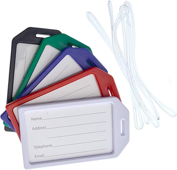 5 Pack - Premium Rigid Airline Luggage Tag Holders with 6" Worm Loops - Heavy Duty Hard Plastic -Suitcase ID Tag Identifiers with Business Card Insert Window by Specialist ID (Assorted Colors)