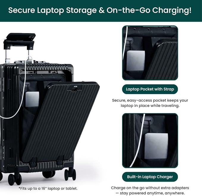Nobl Travel Carry On Luggage, Noble Zipperless Aluminum Frame PC Hard Shell Suitcase, 20.8"x15"x8.7" Airline Approved, 360° Spinner Wheels, TSA Locks, USB Charging Port, Cup & Phone Holder - Black