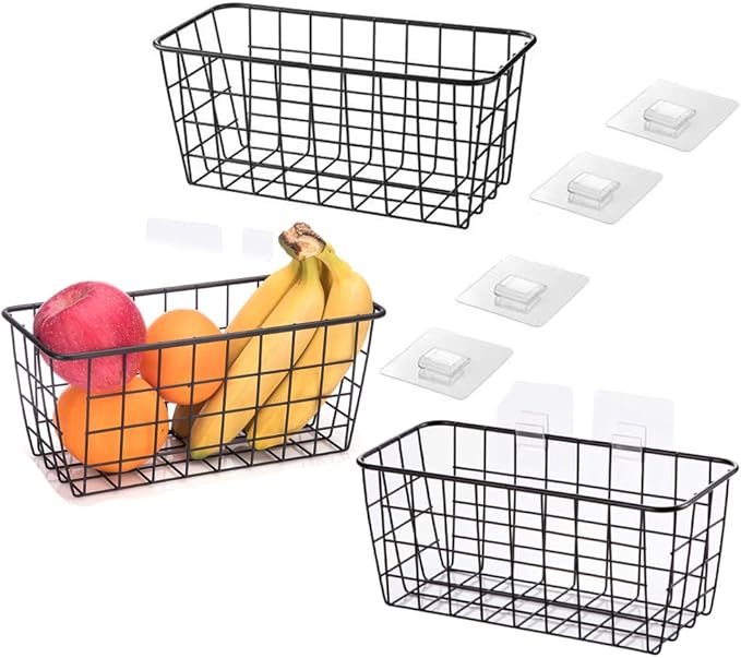 3 Set LeleCAT Adhesive Over the Cabinet Door Wire Baskets for Organizing for Kitchen Food Pantry Bathroom Shelf Storage No Drilling Wall Mounted,Black