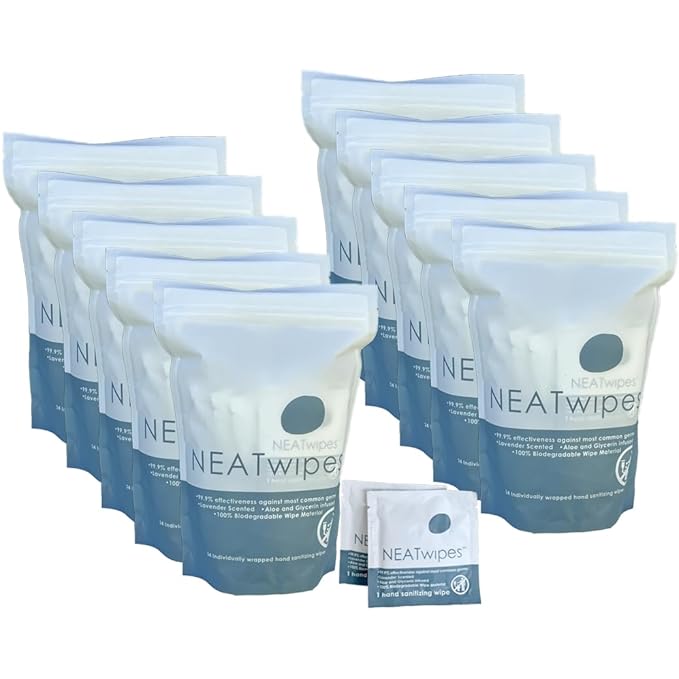 NEATwipes Hand Sanitizing Wipes | Travel Essentials | Disposable Wet Wipe & Planet Friendly | Lavender Essential Oil & Soothing Aloe | 10 Pouches of 24 Individually Wrapped Wipes