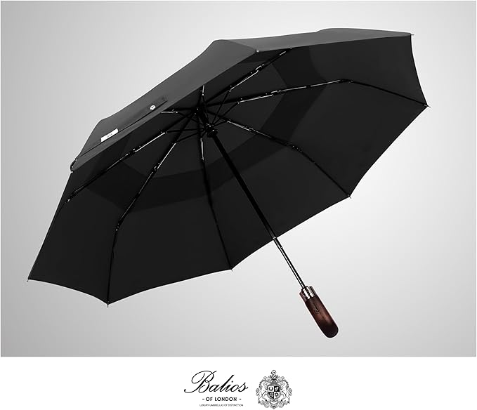 Balios Travel Folding Umbrella with Real Wood Handle Auto Open Close Vented Windproof Canopy - Designed in UK