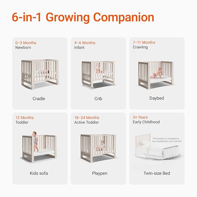EvoNest Baby Crib, 6 in 1 Convertible Mini Crib with Wheels, 100% New Zealand Wood Growing Bed, 4 Adjustable Mattress Height， Washed Natural
