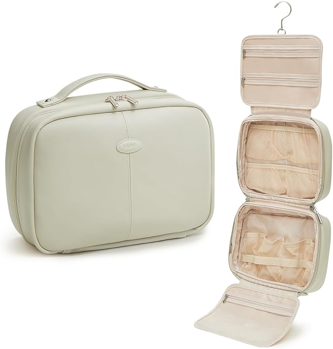 EACHY Toiletry Bag with Hanging Hook, Travel Makeup Bag PU Leather Cosmetic Bags for Women Make Up Organizer with 4 Compartments Waterproof Full-Size Portable Travel Essentials (Fog Green，Pro)