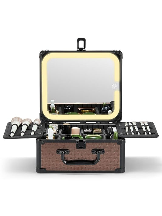Qislee Makeup Box with A Detachable Lighted Mirror, Waterproof Travel Train Case, Cosmetic Organizer and Makeup Suitcase with Adjustable Dividers, Magnetic LED Mirror(Golden Brown)