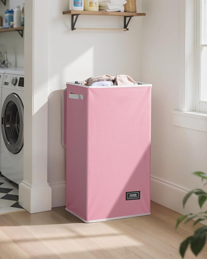 SOLEDI Laundry Hamper with Lid 100L Large & Tall Collapsible Laundry Basket, Clothes Hamper with Bag Removable Easy to Carry, Dirty Hampers for Bedroom, Bathroom, Dorm, College, Pink