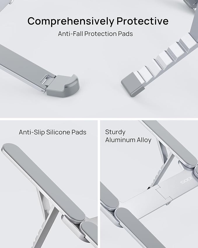 SODI Ultra Compact Foldable Laptop Stand - Portable Laptop Holder for Desk & Travel Use, Ergonomic Aluminum Computer Holder with Adjustable Height for MacBook, Tablet 10-16" (Light Gray, Bi-Fold)