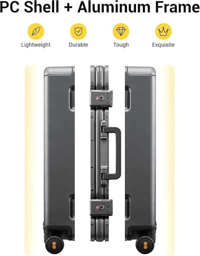 LEVEL8 Zipperless Carry On Luggage Airline Approved with Aluminum Frame, Hard Shell Suitcase with Spinner Wheels, Metal Checked Luggage with Packing Organizers, 20 Inch, Grey