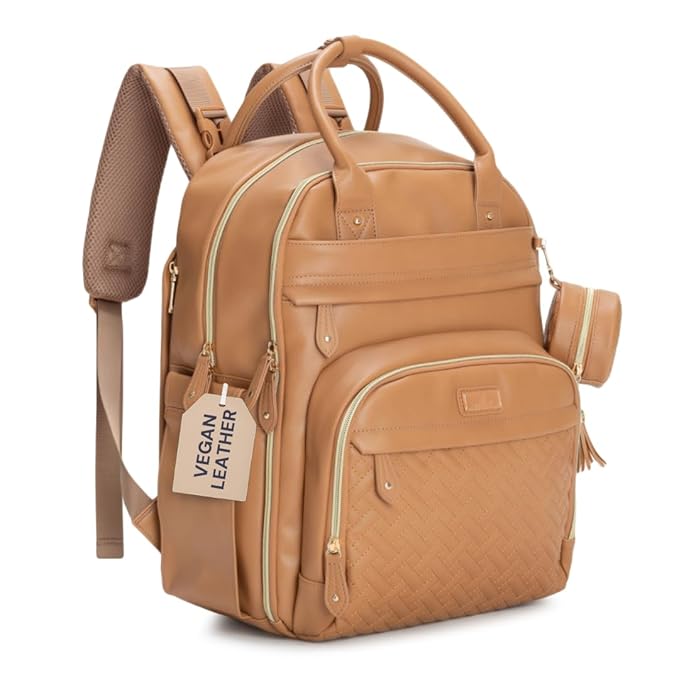 BabbleRoo Leather Diaper Bag Backpack - Baby Essentials Travel Baby Bag, Multi function, Water Resistant, with Changing Pad, Stroller Straps & Pacifier Case – Unisex, Light Brown