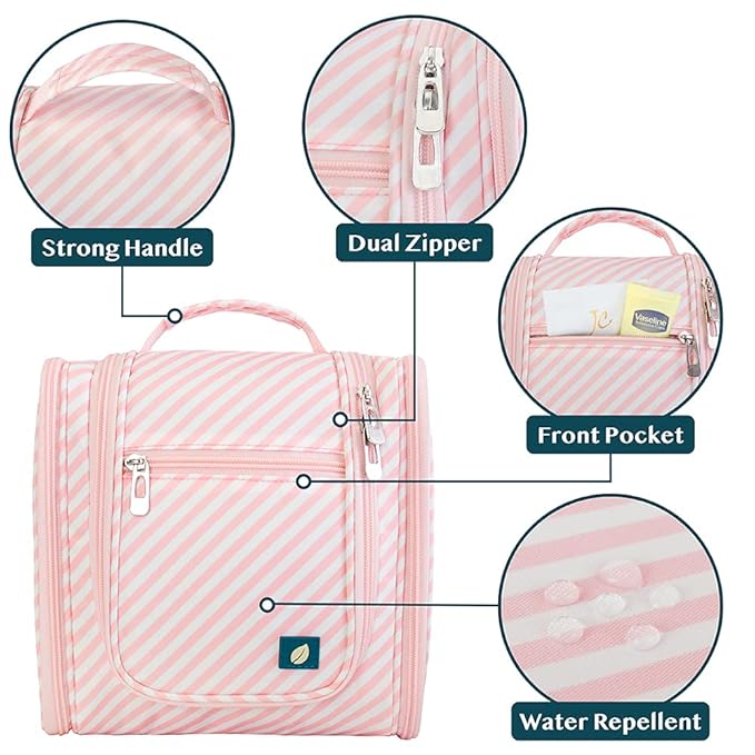 PAVILIA Toiletry Bag Travel Bag for Women Men, Hanging Cosmetic Organizer, Water Resistant Makeup Bag for Accessories Toiletries, Large Travel Essentials Kit (Pink Stripe)