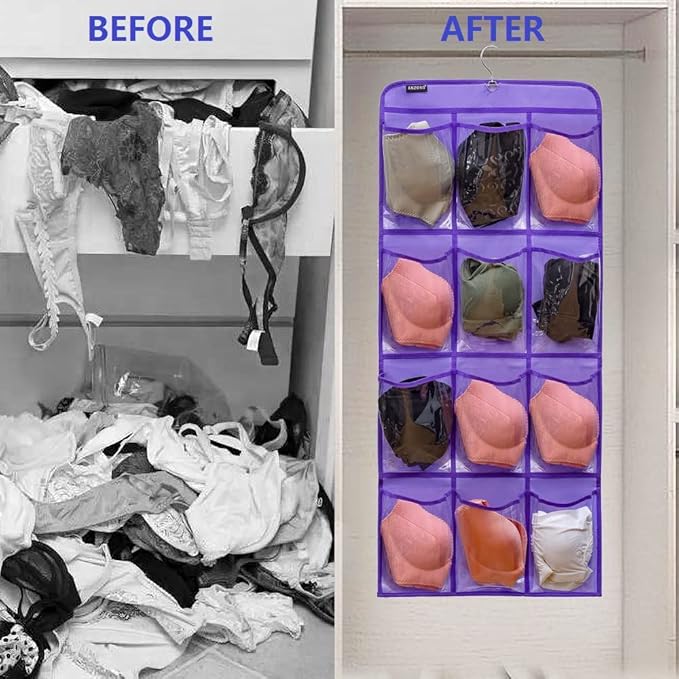 Dual Sided Hanging Shoe Organizer for Closet with Rotating Hanger Hanging Shoe Rack Holder with 24 Large Pockets (Purple-Clear Pockets)