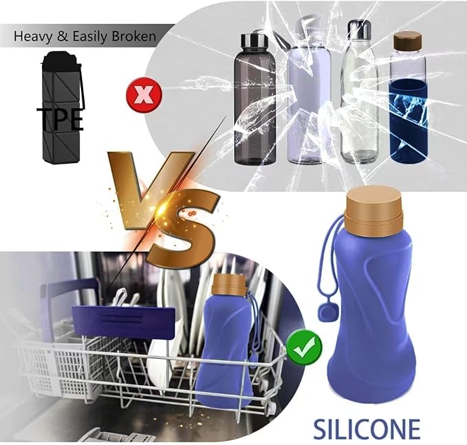 Collapsible Water Bottles,650ml,Leak Proof,Reuseable BPA Free Silicone Foldable Water Bottles,Durable Lightweight for Travel Gym Camping Hiking,Compact Size Portable Sports Water Bottle (Deep Blue)