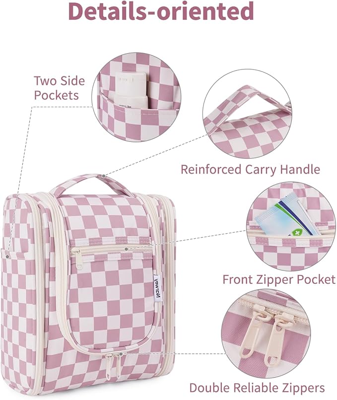 Narwey Small Checkered Hanging Travel Toiletry Bag for Women, Travel Bag for Toiletries, Makeup Bag Organizer Cosmetic Bags Make Up Bags for Women (Dusty Rose Checkerboard)