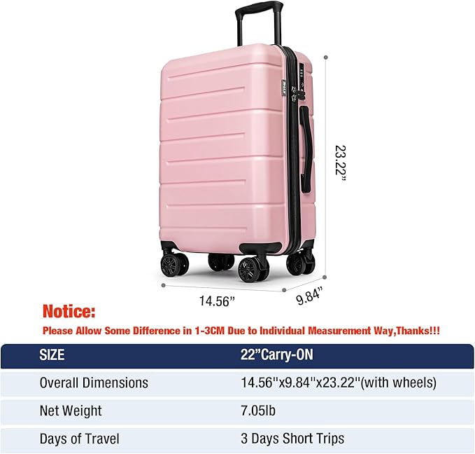 KYME Pink Hardside Carry On Luggage 22x14x9 Airline Approved with TSA Lock Hardshell Carry-On Suitcase with Wheels Travel Rolling 22 inch Luggage with Cup Holder for Women
