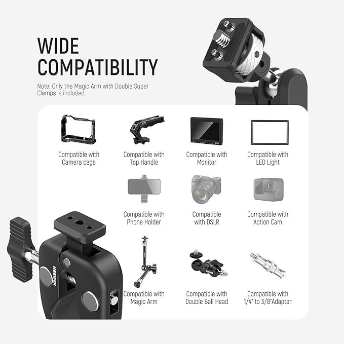 NEEWER Double Super Clamp Camera Mount with Magic Arm, NATO Interface, Cold Shoes, 1/4" Locating Holes for ARRI, Desk Studio Photography Light Stand Pole Cross Bar Umbrella Holder Clamp Mount, UA060
