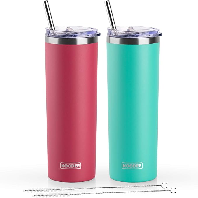 koodee 20 oz Tumbler with Lid and Straw-2 Pack Stainless Steel Double Wall Insulated Skinny Tumbler-Travel Beach Coffee Mug Tumbler for Women/Men (Wine Red-Teal)