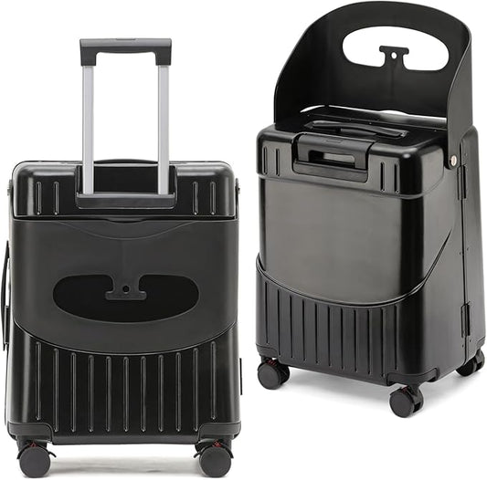 22 Inch TSA Lock Luggage with Seat for Adults and Kids,Check in Lockable Spinner Wheels Suitcase with Belt and Cover (TSA Luggage with Seat Black)