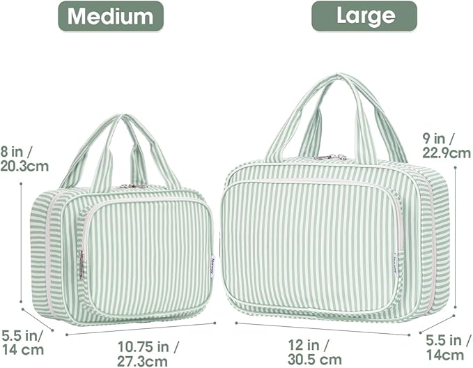 Narwey Striped Travel Toiletry Bag for Women Large Hanging Makeup Bag Organizer Toiletries Bag for Full Size Essentials Accessories Cosmetics (Mint Green Stripe (Large))