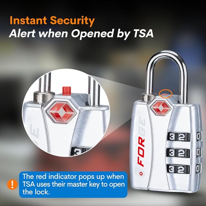 Forge TSA Luggage Combination Lock - Open Alert Indicator, Easy Read Dials, Alloy Body- Ideal for Travel, Lockers, Bags (Silver)