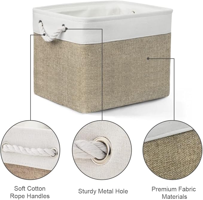 TheWarmHome Organization and Storage Basket for Gifts Empty - 16x12x12 inch Cube Storage bin 3 Pack Fabric Storage Cubes, Collapsible Baskets for Organizer Closet Cloth Gift Toy (White & Khaki)
