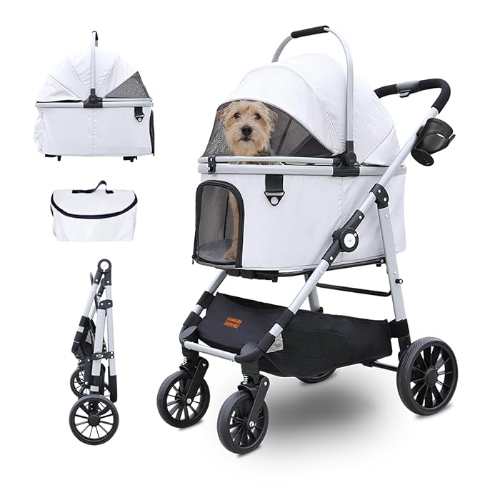 Dog Cat Stroller, Foldable 4 Wheels Dog Stroller for Small Medium Dogs 20 lbs,Pet Strollers for Large Dogs 50lbs, Stable Anti-Shock Detachble Carrier,with 360°Swiveling Front Wheel forTravel