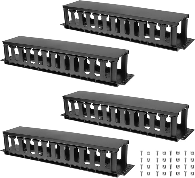 QWORK 4 Pack 2U Horizontal Rack Mount Cable Management Organizer, 19x3.5x3.4 Inches, Black Quality Plastic with 12 Slots