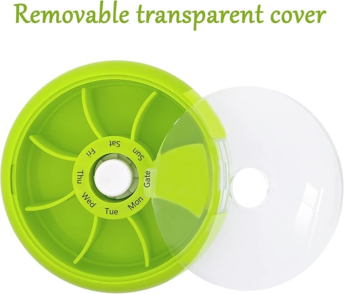 INVODA Weekly Pill Organizer 7 Compartment Rotating Pill Box for Daily Medication & Vitamins - Portable Travel Pill Case Fish Oil Supplements Vitamins Organizer (Green+Bag)