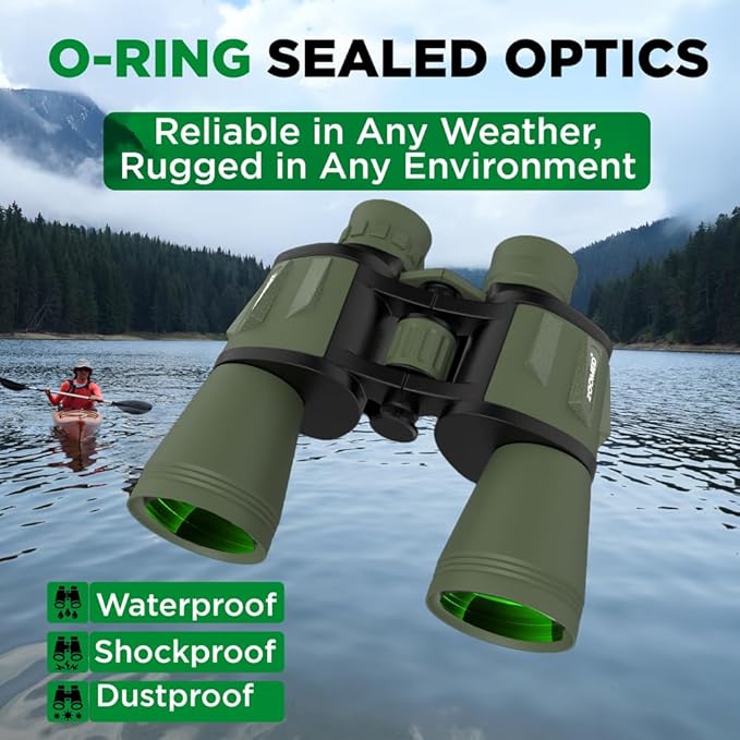 Binoculars with Phone Bracket Adapter, Militar, 20x50, Adults, High Power Waterproof with Low Light Night Vision for Hunting, Travel, Games, Bird, Carrying Case Strap.