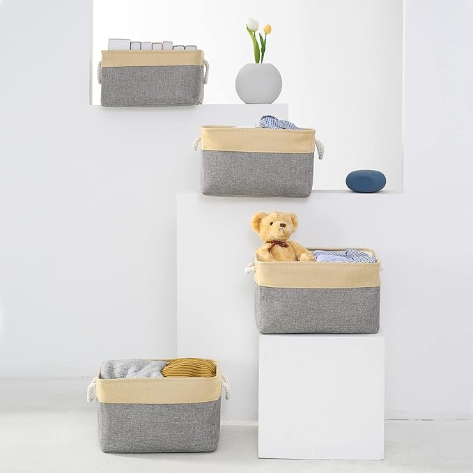 TheWarmHome Storage Basket for Organizing - 3 Pack 14x10x7 inch Large Collapsible Storage Bin for Shelves, Fabric Storage Cubes for Organizer ClosetCloth Gift Toy (Grey & Gold)
