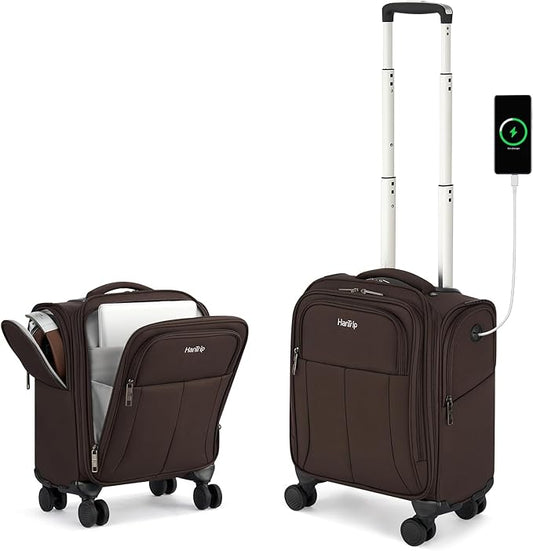 16 Inch Underseat Carry On Luggage with Wheels Softside Small Suitcases Personal Item Bag with Pocket Travel Luggage for Men Women Business Overnight Bag(Coffee)