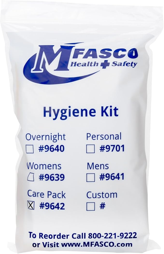 MFASCO Hygiene Kit Homeless Care Pack Disposable - Complete Toiletry Travel Size Essentials for Men & Women - Toiletries Kit - Includes Bandaids, Antiseptic Ointment, Lip Balm - Assembled in The USA