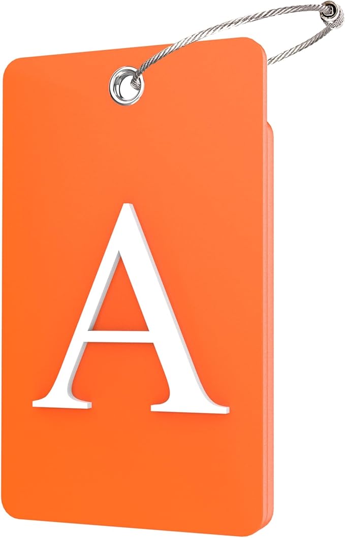 Gostwo 2 Pack Luggage Tags for Suitcases, 26 Initial Letter Travel Luggage Baggage Identification Labels ID Tag Fully Bendable Tags with Stainless Steel Loop (Orange) (Letter A)