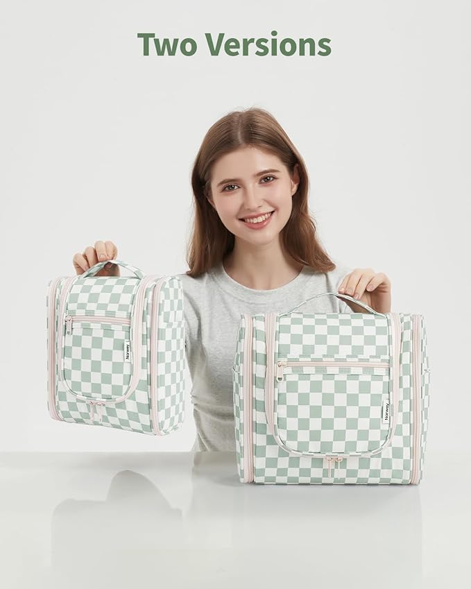Narwey Checked Hanging Travel Toiletry Bag for Women, Travel Bag for Toiletries, Makeup Bag Organizer Cosmetic Bags Make Up Bags for Women (Mint Green Checkerboard)