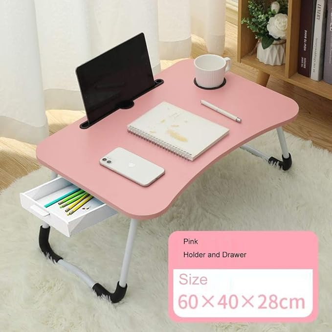 Lap Desk with Storage Drawer, Holders for Cup and Tablet, Tray Table with Foldable Legs, Laptop Bed Stand, Portable Standing Table for Sofa Couch Floor (23.6", Pink)