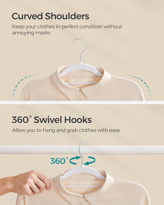 SONGMICS Pack of 50 Coat Hangers, Space-Saving Plastic Clothes Hangers, Non-Slip, 0.2 Inches Slim, 16.5 Inches Wide, 360° Swivel Silver Hook, White UCRP20WT50