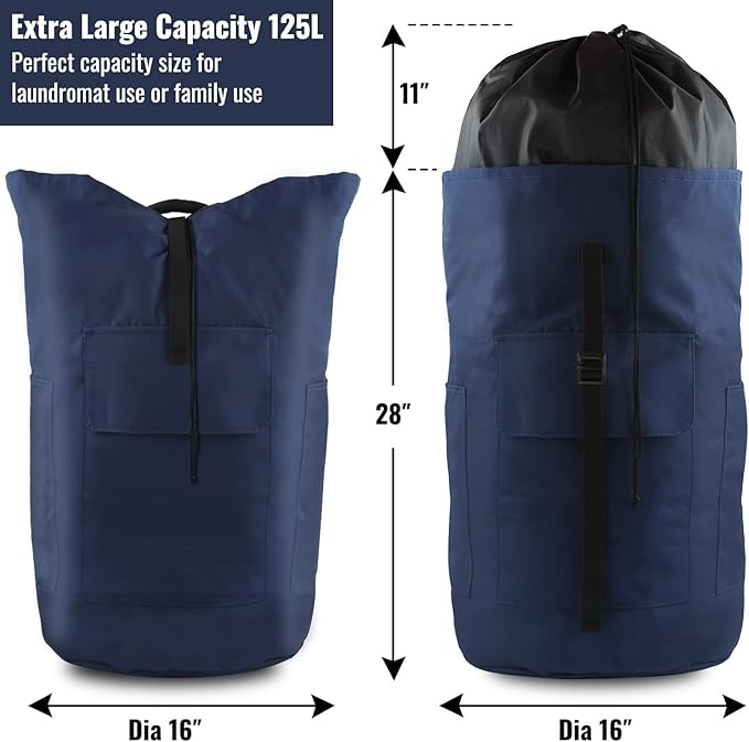 Laundry Bag Backpack, 125L Extra Large Travel Laundry Bags with Shoulder Straps, Adjustable & Extendable Design, Laundry Hamper Bag with 3 Pockets for Laundromat, College, Travel, Camping
