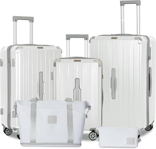 Romswi Suitcase Set with TSA Lock Cup Holder, Hardside Spinner Suitcase with Duffel Bag, Lightweight Durable PC+ABS White 5 PCS(20/24/28inch)
