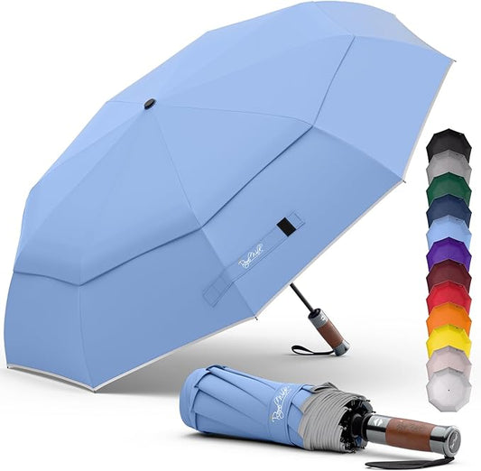 Royal Walk Windproof Folding Travel Umbrella Compact and Strong Luxurious Real Wood Handle Automatic Open Close Vented Double Canopy for Men and Women