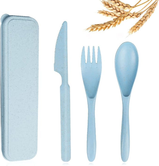 Reusable Travel Utensils Set with Case, Blue Wheat Straw Portable Knife Fork Spoons Tableware, Eco-Friendly BPA Free Cutlery for Kids and Adults as Travel Picnic Camping Utensils