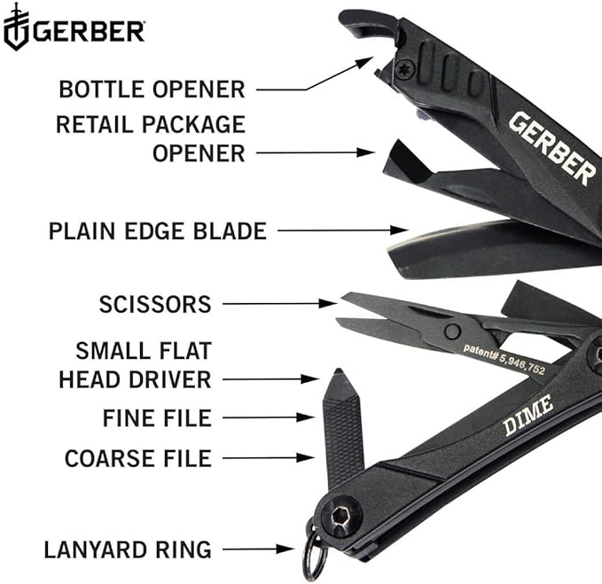 Gerber Gear Dime 12-in-1 Mini EDC Multitool - Needle Nose Pliers, Pocket Knife, Keychain, Bottle Opener - Gifts for Men, EDC Gear and Equipment - Black