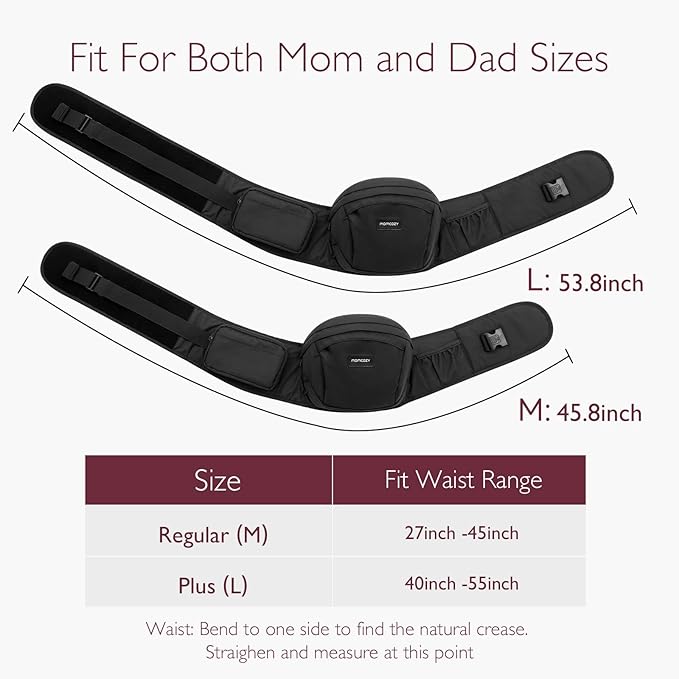 Momcozy Hip Seat Baby Carrier - Adjustable Waistband with Original 3D Belly Protector, Ergonomic Carrier with Various Pockets for Newborns & Toddlers up to 45lbs (Black, Medium)