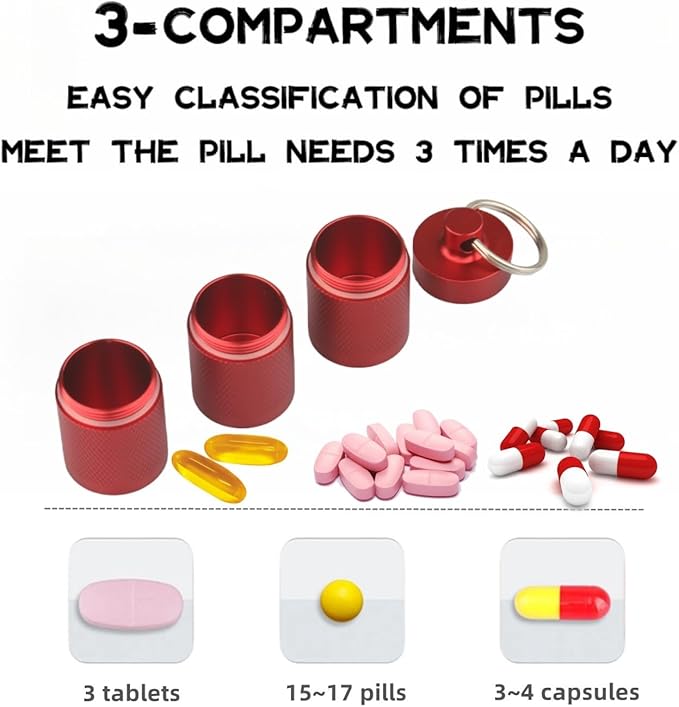 Waterproof Keychain Pill Holder - Compact, Portable, and Secure Pill Box with 3 Compartments - Pocket-Sized Pill Case and Container for Daily Medication on The Go (Wine Red)
