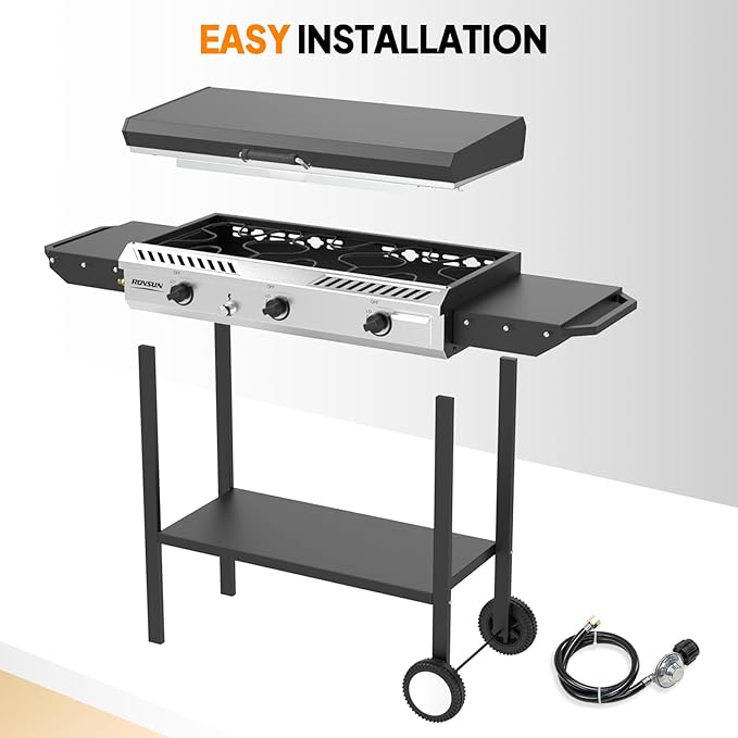 ROVSUN 3 Burner Outdoor Propane Gas Stove with Griddle, Ignition & Side Shelves, 225,000 BTU Powerful Gas Stove Outdoor Cooker for Backyard Patio Cooking Home Camping Grilling Canning Turkey Frying