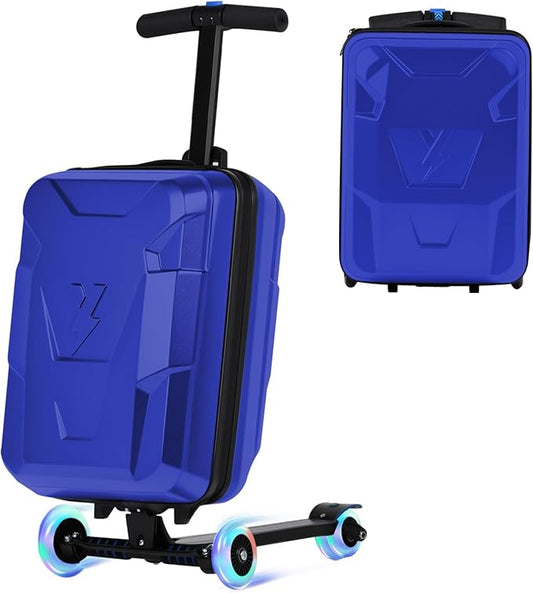 smilesun Scooter Suitcase for Kids & Adults, Foldable Carry On Travel Luggage, Hardside Ride on Scooter Suitcase with LED Light up Wheels，Blue