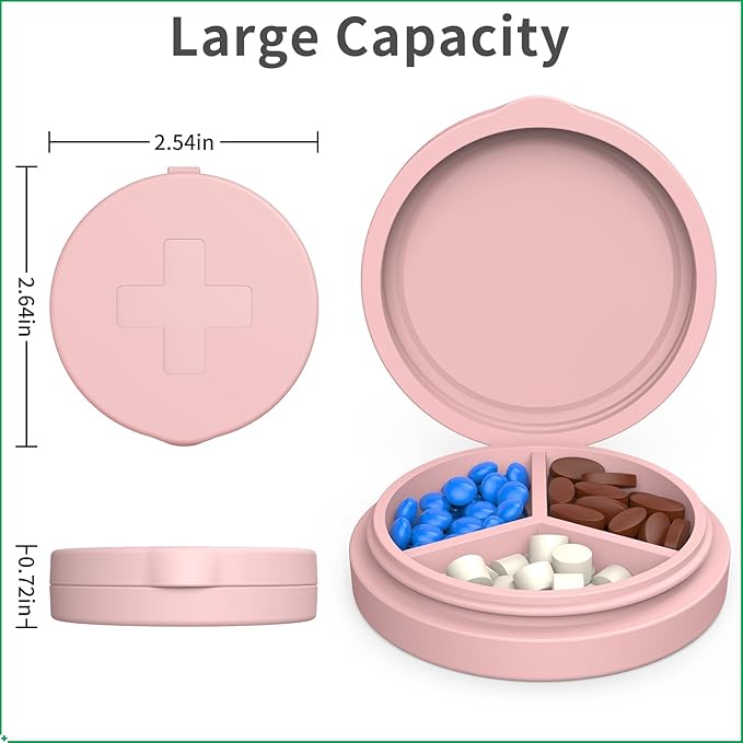 2 Pack Small Pill Box,3 Compartment Round Silicone Travel Pill Box for Purse Pocket, Waterproof Portable Compact Medicine Holder for Vitamin, Cod Liver Oil, Supplement (Red+Pink)
