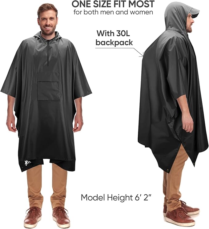 PTEROMY Hooded Rain Poncho for Adult with Pocket, Waterproof Lightweight Unisex Raincoat for Hiking Camping Emergency