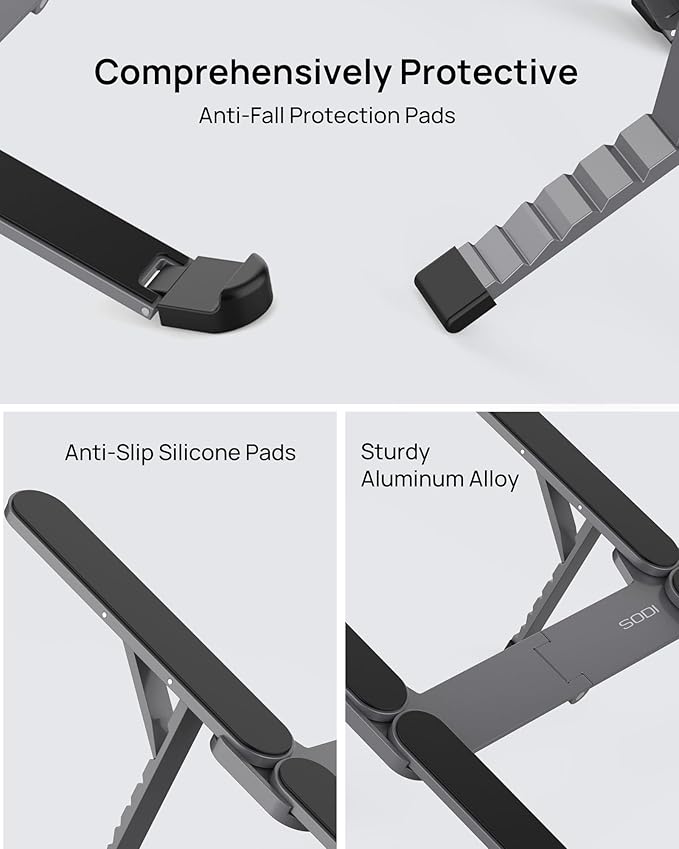 SODI [Ultra Compact] Foldable & Portable Laptop Stand for Desk, Lightweight Tablet Stand for Business Travel, Library, Cafe, 6 Level Height Ergonomic Aluminum Computer Holder for 10-16" Laptops